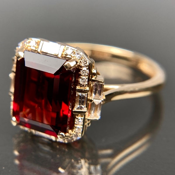 EFFY 14k Emerald-Cut Garnet & Baguette-Cut Diamond Halo Yellow Gold Ring Size 7