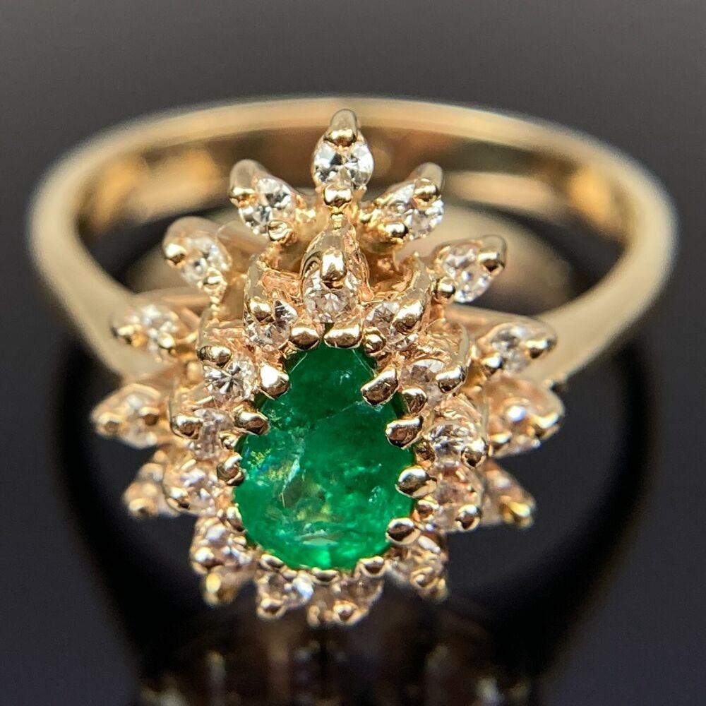 14k Diamond Emerald Double Halo Yellow Gold Ring Size 6 - Etsy