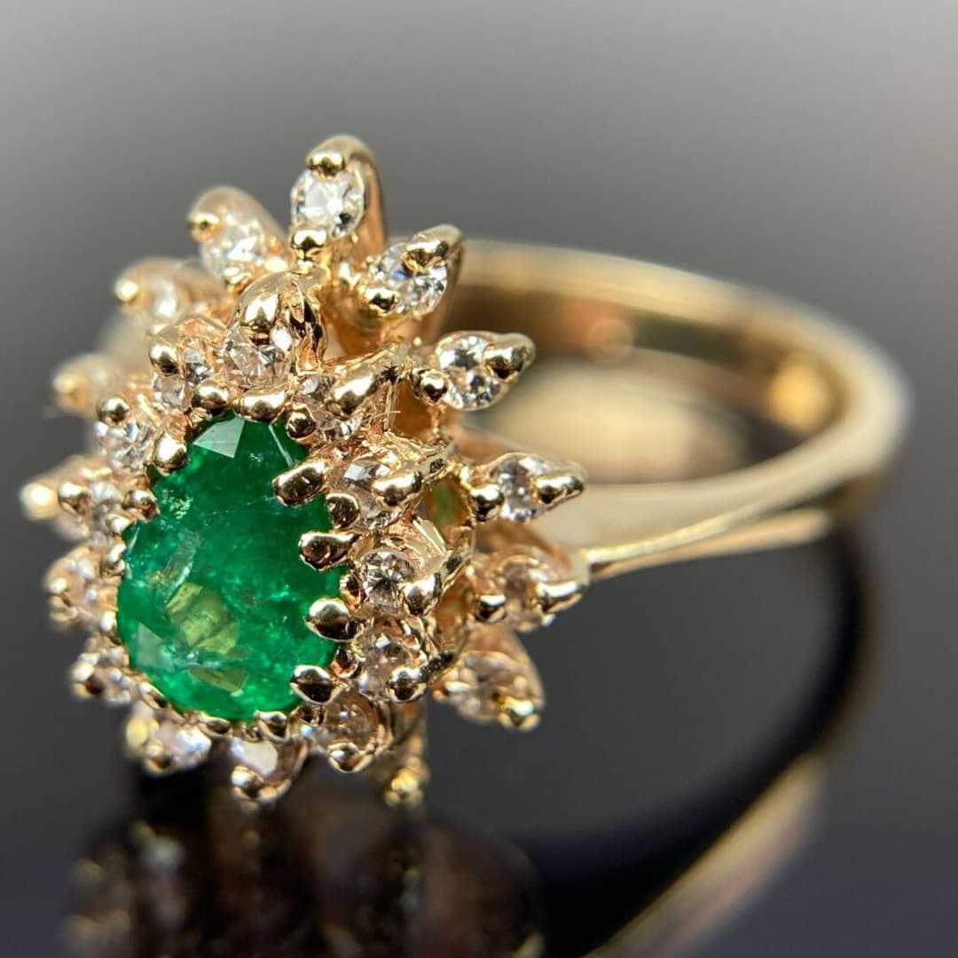 14k Diamond Emerald Double Halo Yellow Gold Ring Size 6 - Etsy