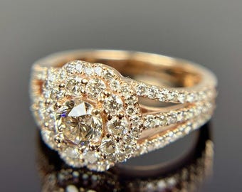 LeVian 14k Diamond Double Halo Flower Cluster Rose Gold Ring Size 6.5