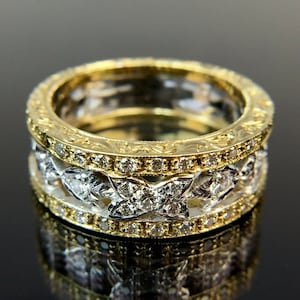 Italian 18k Diamond Yellow & White Gold Ring Band Size 6.5