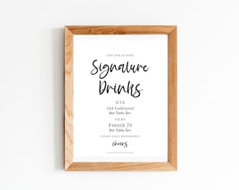Signature Drinks Sign, His and Hers Wedding Bar Sign, Cocktail Menu Printable (Digital Download)