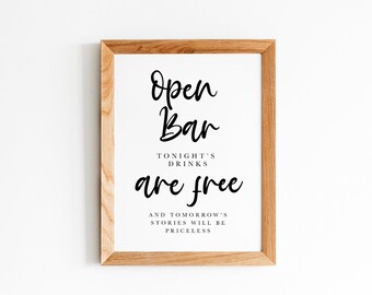 Open Bar Wedding Sign, Drinks Are Free Reception Bar Printable (Digital Download)