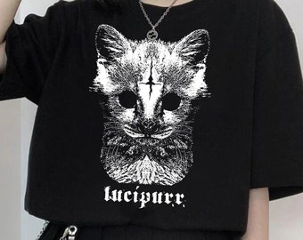 Lucipurr Cat T-Shirt, Pastel Goth Shirt, Aesthetic Shirt, Grunge Clothes, Gift for Goth Girl, Graphic T-Shirt, Alternative Nu Goth Clothing.