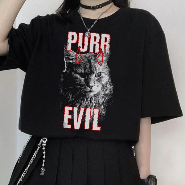 Purr Evil Cat T-Shirt, Pastel Goth Shirt, Aesthetic Shirt, Grunge Clothes, Gift for Goth Girl, Graphic T-Shirt, Alternative Nu Goth Clothing