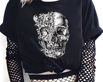 Skull Painting T-Shirt, Scary Skull Face Shirt, Skeleton Shirt, Goth Shirt, Goth Clothing, Horror Skull Shirt, Aesthetic Skull T-Shirt.