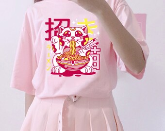 Cat Ramen T-shirt, Japan Anime Shirt, Aesthetic Shirt, Manga T-shirt, Harajuku Clothing, Cute Anime Shirt, Lucky Cat Tee, Japanese Noodles
