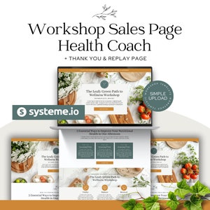 May include: A mockup of a website sales page for a health coach workshop. The page features a green leafy design and the text "The Leafy Green Path to Wellness Workshop".