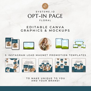 May include: Five Instagram lead magnet promotion templates with a floral theme. The templates feature a blue and green color scheme with text that says "Your Lead Magnet Title".