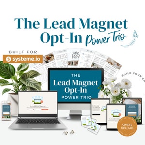 May include: A computer screen displaying the text "The Lead Magnet Opt-In Power Trio" with a rocket ship icon. The screen is surrounded by various digital marketing materials, including a laptop, a smartphone, and several printed documents. The text "BUILD YOUR EMAIL LIST" is written in a circle around the image.