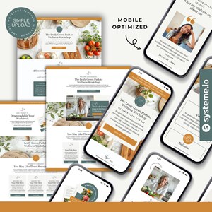 May include: A mobile-optimized website design for a wellness workshop titled "The Leafy Green Path to Wellness Workshop" with a date and time of October 12th, 2PM EST. The website features a green leafy design with a call to action to sign up now.