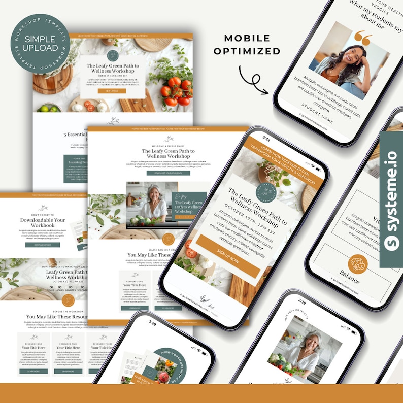 May include: A mobile-optimized website design for a wellness workshop titled "The Leafy Green Path to Wellness Workshop" with a date and time of October 12th, 2PM EST. The website features a green leafy design with a call to action to sign up now.