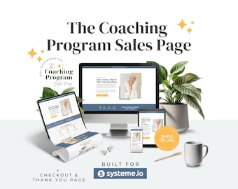 Könnte beinhalten: Ein Mockup einer Coaching-Programm-Verkaufsseite auf einem Desktop-Computer, einem Tablet und einem Smartphone. Die Seite enthält eine Überschrift mit dem Text "Your Great Above The Fold Headline." Die Seite ist so konzipiert, dass sie einfach und benutzerfreundlich ist, mit einem klaren Call-to-Action. Die Seite ist für Systeme.io, eine beliebte Online-Business-Plattform, konzipiert.