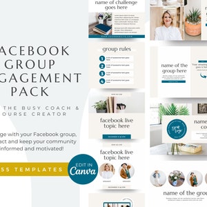 May include: A set of 55 customizable Facebook group engagement templates for coaches and course creators. The templates feature a teal and white color scheme with a modern design. The text on the templates includes "Facebook Group Engagement Pack", "For the Busy Coach & Course Creator", "Engage with your Facebook group, interact and keep your community informed and motivated!" and "55 Templates".