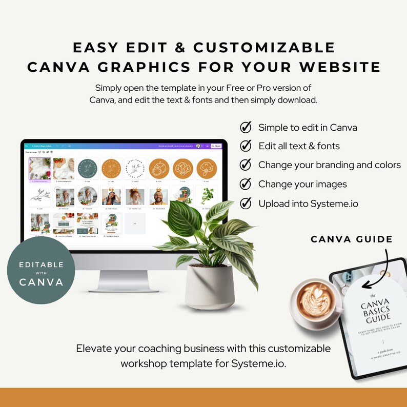 May include: A computer screen displaying a Canva template for a coaching workshop. The template features a variety of images and text boxes, and is customizable with different colors and fonts. The text on the screen reads "Easy Edit & Customizable Canva Graphics for Your Website".