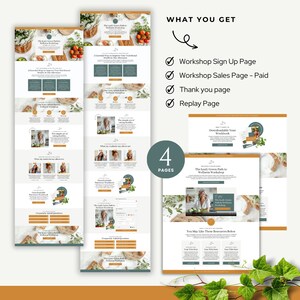 May include: A digital marketing landing page for a wellness workshop. The page features a green and brown color scheme with images of food and nature. The text on the page includes the title "The Leafy Green Path to Wellness Workshop" and a list of what is included in the workshop, such as a sign-up page, sales page, thank you page, and replay page.