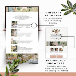 May include: A laptop screen displays a retreat itinerary with images and text. The text reads "Your Provence Retreat Itinerary." A smaller screen shows an instructor showcase. The image includes text that says "ITINERARY SHOWCASE" and "INSTRUCTOR SHOWCASE."