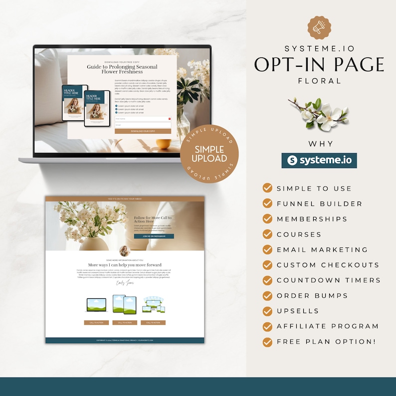 May include: A floral-themed opt-in page design for the website systeme.io. The page features a laptop displaying a website with a call to action to download a free guide. The page also lists the benefits of using systeme.io, including simple to use, funnel builder, memberships, courses, email marketing, custom checkouts, countdown timers, order bumps, upsells, affiliate program, and free plan option.