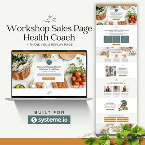 May include: A laptop computer screen displaying a website for a health coach workshop. The website features a green leafy design and the text "The Leafy Green Path to Wellness Workshop".