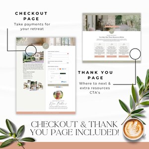 May include: A digital mockup showcasing a checkout page and a thank you page. The checkout page includes a form for contact details and payment options. The thank you page features resource links. Text includes "Checkout Page" and "Thank You Page Included!"