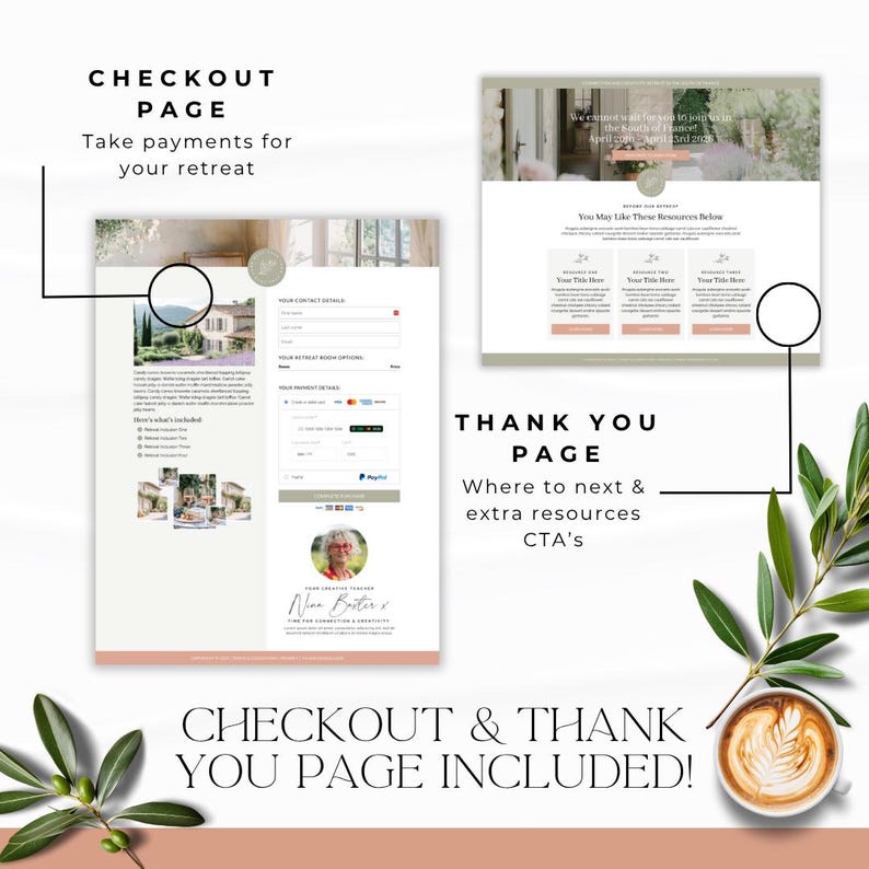 May include: A digital mockup showcasing a checkout page and a thank you page. The checkout page includes a form for contact details and payment options. The thank you page features resource links. Text includes "Checkout Page" and "Thank You Page Included!"