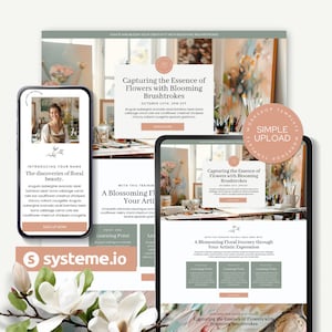 Puede incluir: Una maqueta de sitio web para un taller en línea sobre pintura floral. El sitio web presenta un fondo verde claro con una ilustración floral y texto que dice "Capturar la esencia de las flores con pinceladas florecientes". El sitio web también incluye un botón de llamada a la acción que dice "Registrarse ahora".