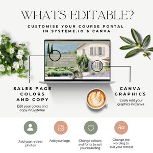 May include: A laptop displays a website design with the text "Retreat at Blends Art, on, and a Little French Magic." The image includes a coffee cup, flowers, and text: "What's Editable?" and "Customize your course portal in Systeme.io & Canva."