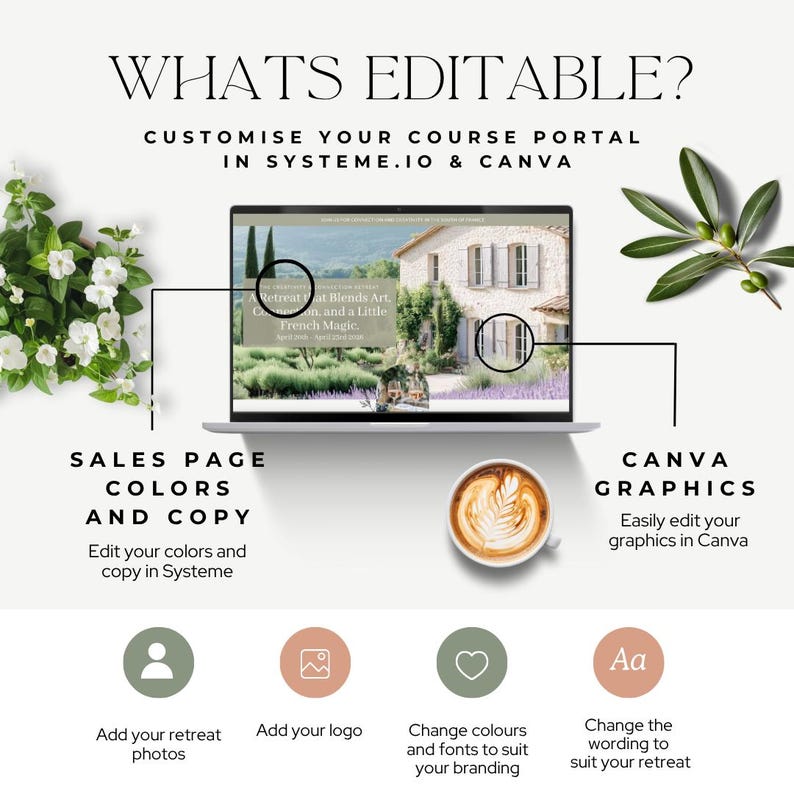 May include: A laptop displays a website design with the text "Retreat at Blends Art, on, and a Little French Magic." The image includes a coffee cup, flowers, and text: "What's Editable?" and "Customize your course portal in Systeme.io & Canva."