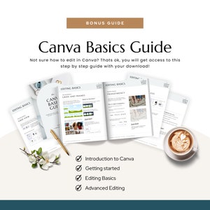 May include: A Canva Basics Guide with a cup of coffee, a pen, and white flowers. The guide includes sections on editing basics, grids and frames, transparency, and more. The guide is a step-by-step guide to help you learn how to edit in Canva.