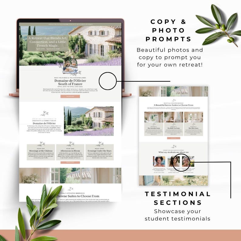 May include: A laptop screen displays a website design with the text "Domaine de l'Olivier South of France." The website features images of a French villa and lavender fields. Additional text includes "A Retreat that Blends Art, Connection, and a Little French Magic."