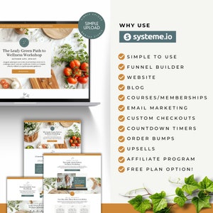 May include: A website screenshot showing the features of a website builder platform called Systeme.io. The website builder features include simple to use, funnel builder, website, blog, courses/memberships, email marketing, custom checkouts, countdown timers, order bumps, upsells, affiliate program, and free plan option.