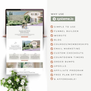 May include: A laptop screen displays a website promoting a retreat in the South of France. The website features images of a villa and lavender fields. Text on the right side lists features of systeme.io, including funnel builder and email marketing.