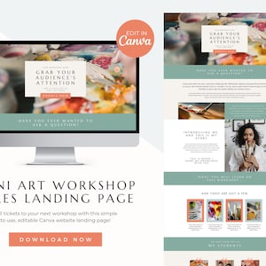 Puede incluir: Una maqueta de pantalla de ordenador que muestra una página de aterrizaje de sitio web para un taller de arte. La página presenta un fondo de paleta de pintura colorida, el texto "Grab Your Audience's Attention" y una llamada a la acción para "Enroll Now". La página también incluye una sección titulada "Introducing Me and This is My Story" y una sección titulada "What You Will Learn on This Workshop".