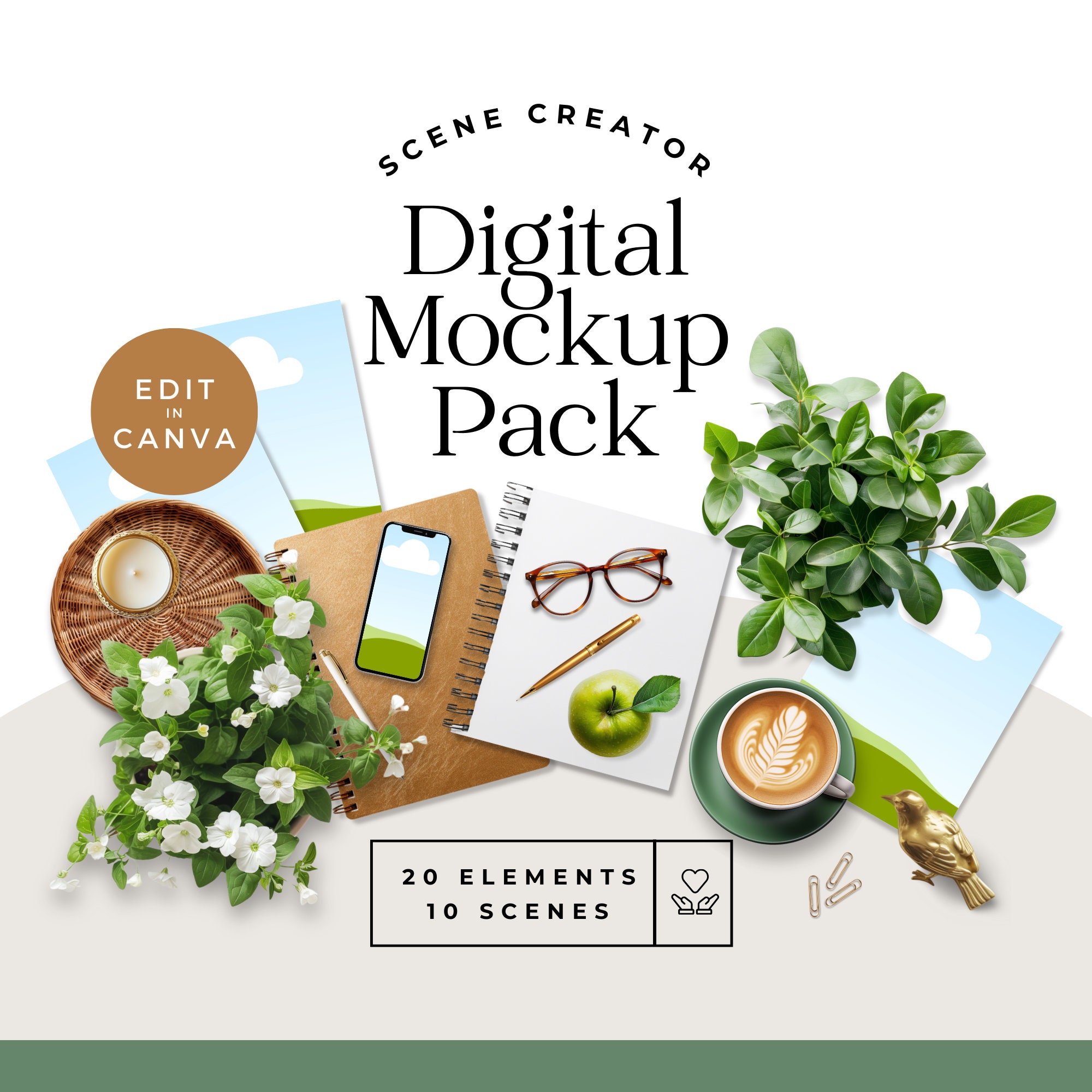 20 Scene Creator Mockup Elements | Canva Digital Product Sticker Pack | Coaching Mockup | Product Showcase | Desktop Creator | Green & Gold