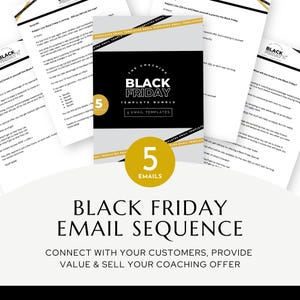 Pode incluir: Um design gráfico preto e branco com o texto "The Coaching Black Friday Template Bundle" e "5 Emails". O design gráfico está em um fundo cinza com um padrão listrado preto e branco. O design gráfico é cercado por uma borda branca.