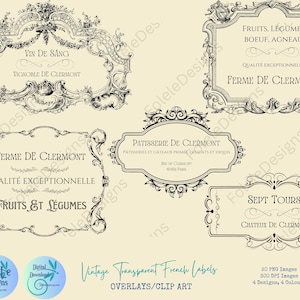 20 etiquetas francesas vintage / Efímeras transparentes / Diario basura / Scrapbooking / PNG SVG JPG