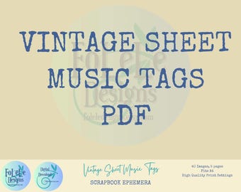 40 Vintage Sheet Music Tags | Junk Journal | Scrapbooking | Ephemera | Printable |  PDF & JPEG 40 | A4