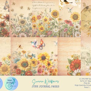 10 Summer Wildflower Inspired Vintage Junk Journal Pages | Printable Ephemera | Scrapbooking |  Crafting  | PDF  | JPG | A4 | Download