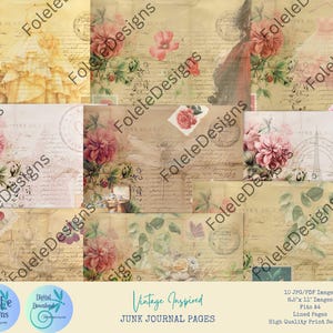 10 páginas de diario vintage / Efímeras románticas / Imprimibles / Scrapbooking / PDF / JPG / A4