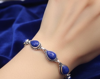 Pulsera de lapislázuli hecha a mano, joyería de piedras preciosas en plata de ley 925