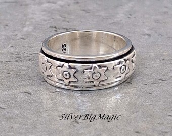 Anillo de meditación hecho a mano en plata de ley, anillo antiestrés para mujer / anillo para la ansiedad, anillo giratorio con forma de flor, joyería bohemia para la ansiedad