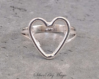 Anillo de plata de ley 925, anillo de corazón semicircular, joyería hecha a mano, anillo unisex, anillo de corazón, anillo apilable