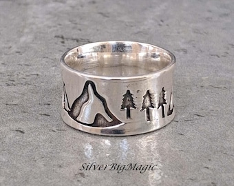 Handmade Sterling Silver Wide Band Ring: Boho Thumb Ring 925 Sterling Silver Wide Band Ring, Tree Design Ring,