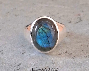 Anillo ovalado de labradorita, anillo de sello de plata de ley con piedra preciosa para hombre, regalo para el Día del Padre.