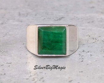 Anillo cuadrado de plata de ley con esmeralda natural para hombre, estilo sello, joyería para meditación.