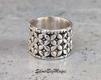 Anillo de plata de ley 925 con diseño floral, anillo ancho para el pulgar, joyería hecha a mano.