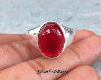 Red Garnet Men's Ring, Oval Dark Gemstone Jewelry, Sterling Silver Signet Father's Day Gift