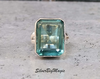 Anillo grande de plata de ley con piedra preciosa azul aguamarina, anillo rectangular de prasiolita, regalo bohemio.