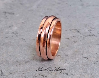 Anillo giratorio de cobre macizo hecho a mano para hombres y mujeres, juguete antiestrés para meditación. Joyería de cobre liso.