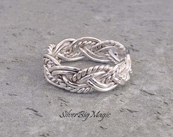 Anillo trenzado de plata de ley 925, joyería de banda tejida a mano con nudo celta trenzado.